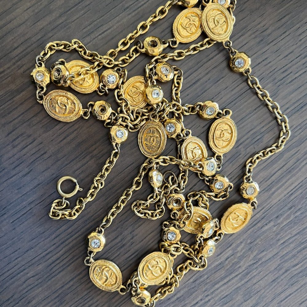 Chanel Vintage Long 70" Necklace with CZs 18 carat gold color Belt / necklace